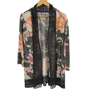 Chico's Womens Size 2 Large Floral Open Front Cardigan Lace Trim Romantic Kimono
